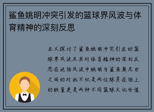 鲨鱼姚明冲突引发的篮球界风波与体育精神的深刻反思